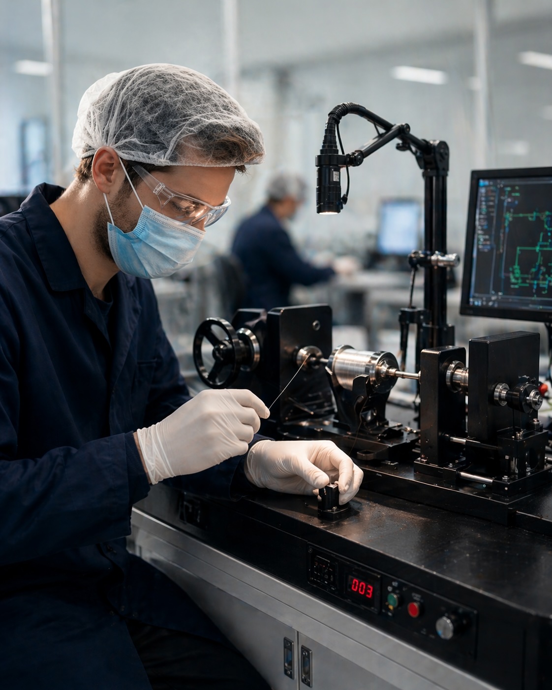 LumiHelix technician operating a custom coil-winding station